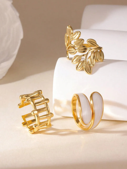 Shein - GEREIT 3pcs 18K Stainless Steel Leaf Design Ring Set
