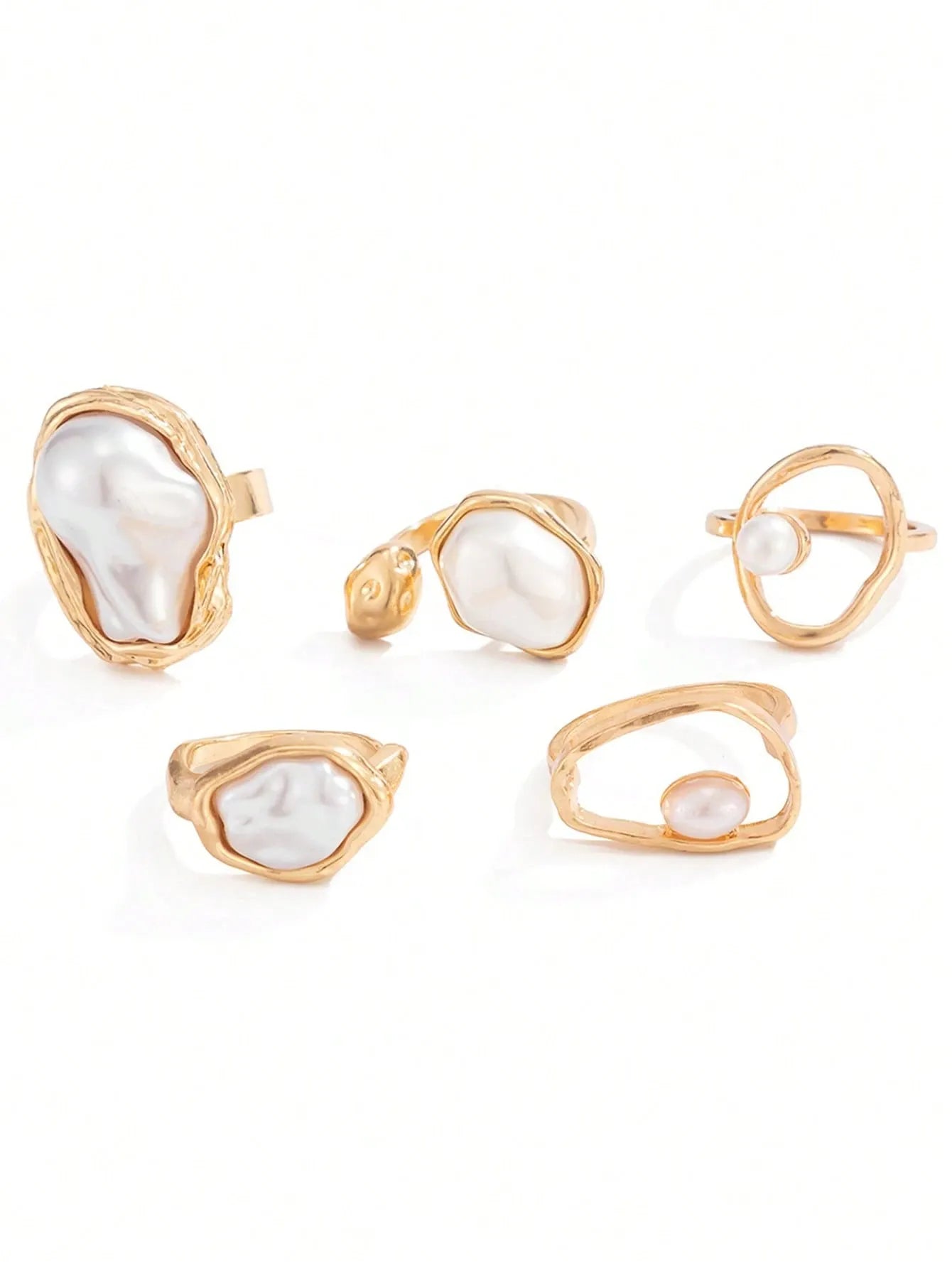Shein - 5pcs Vintage Asymmetrical Baroque Pearl Open Ring Set
