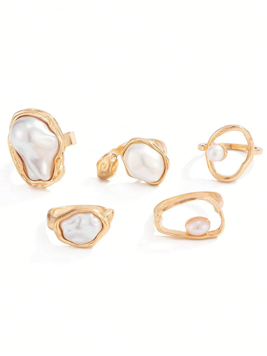 Shein - 5pcs Vintage Asymmetrical Baroque Pearl Open Ring Set