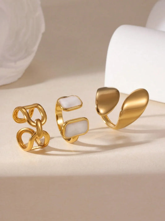 Shein - GEREIT 3pcs 18K Stainless Steel Square Criss-Cross Line Open Ring Set
