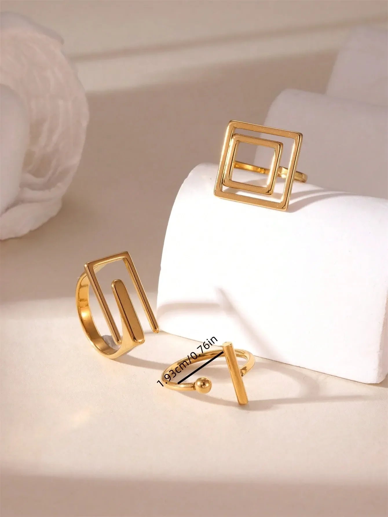 Shein - GEREIT 3pcs 18K Stainless Steel Geometric Asymmetric Open Ring Set