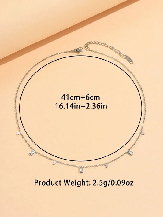 Shein - 1Pc Fashionable Stainless Steel Square Zirconia Pendant Necklace