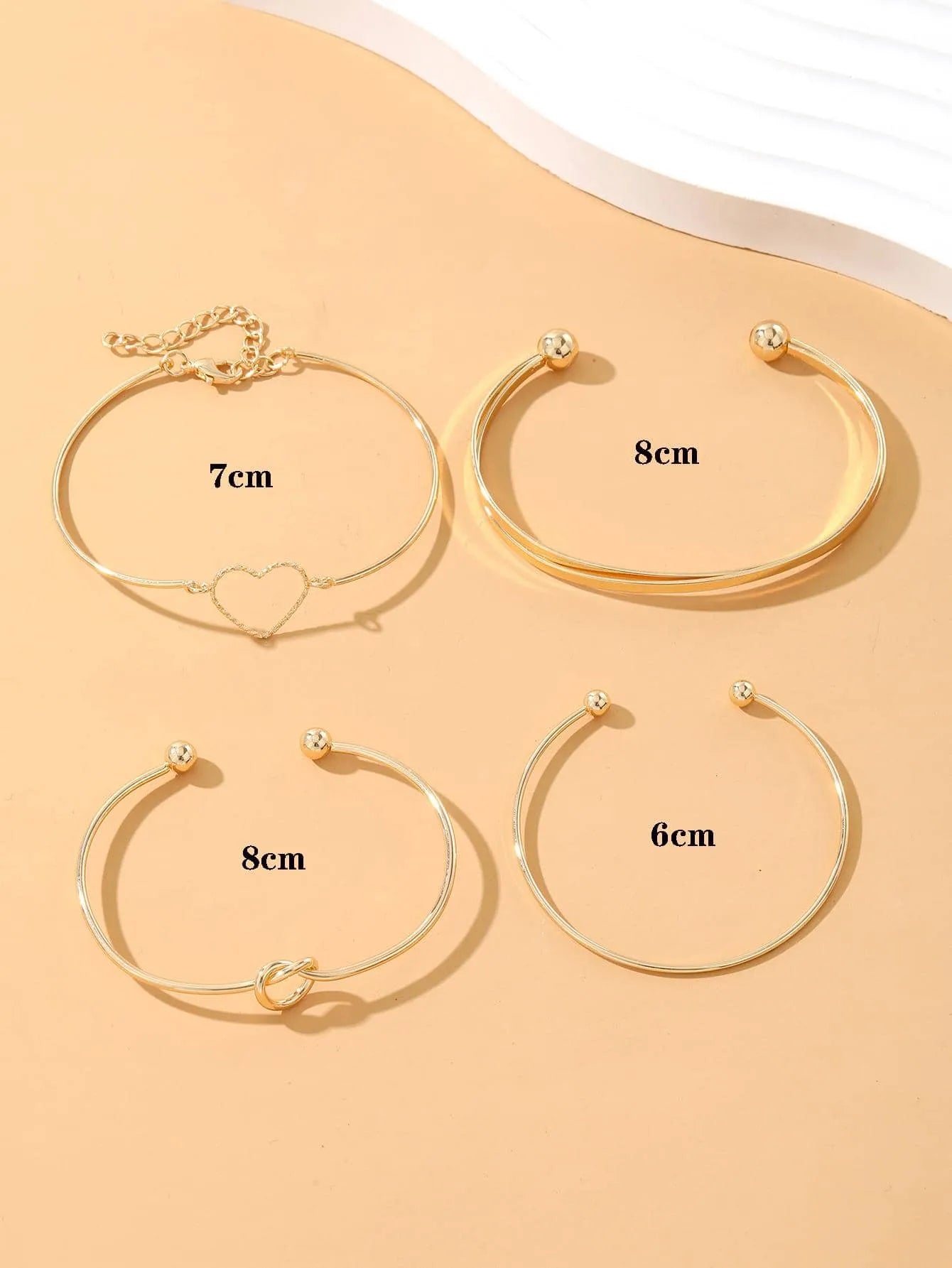 Shein - 4pcs/set Fashionable Zinc Alloy Heart & Knot Decor Bangle For Women For Daily - Golden Decoration