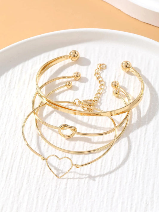 Shein - 4pcs/set Fashionable Zinc Alloy Heart & Knot Decor Bangle For Women For Daily - Golden Decoration
