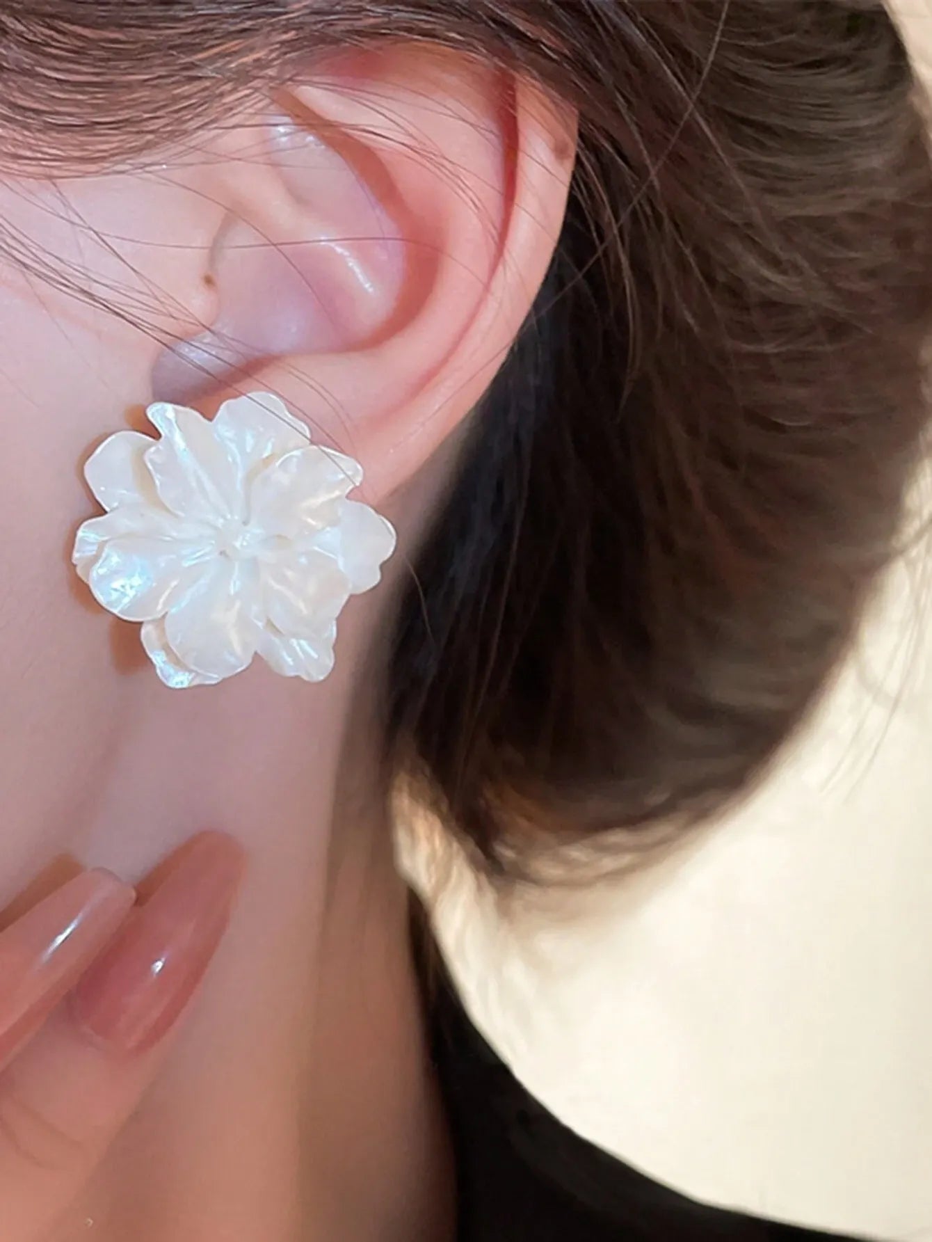 Shein - 5pcs/Set Square Burgundy Floral Enamel & Faux Pearl Stud Earrings, Fashionable Elegant Geometric Earrings Set