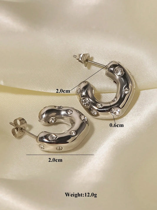 Shein - SHOPBOHO 1pair Glamorous Stainless Steel Cubic Zirconia Decor Cuff Hoop Earrings For Women - Silver