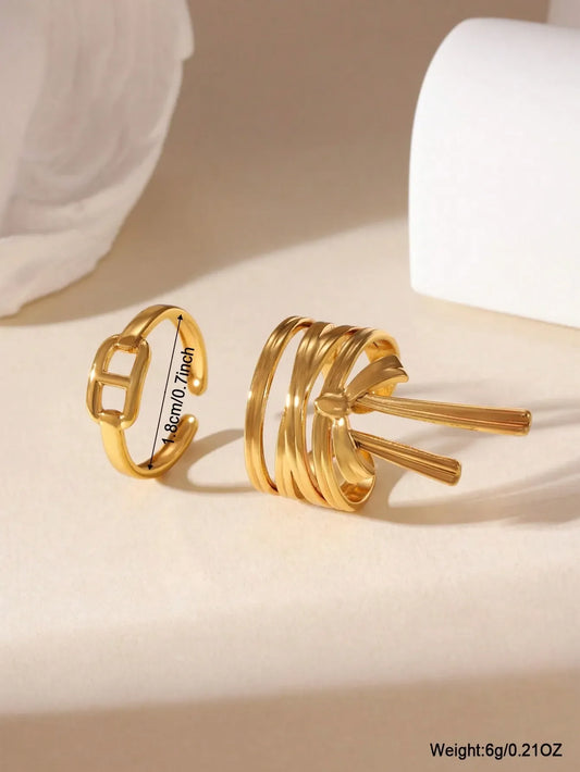 Shein - GEREIT 2pcs 18K Stainless Steel Bow Knot Open Ring Set
