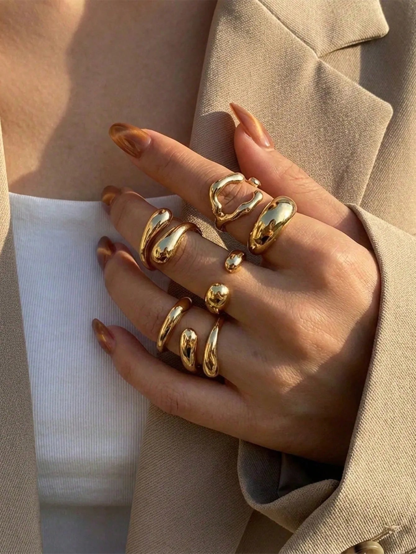 Shein - 6pcs Vintage Asymmetrical Liquid Teardrop Open Ring Set, Fashionable Coin Design, Suitable For Daily, Evening Party, Gift For Girlfriend, Friend, Valentine's Day