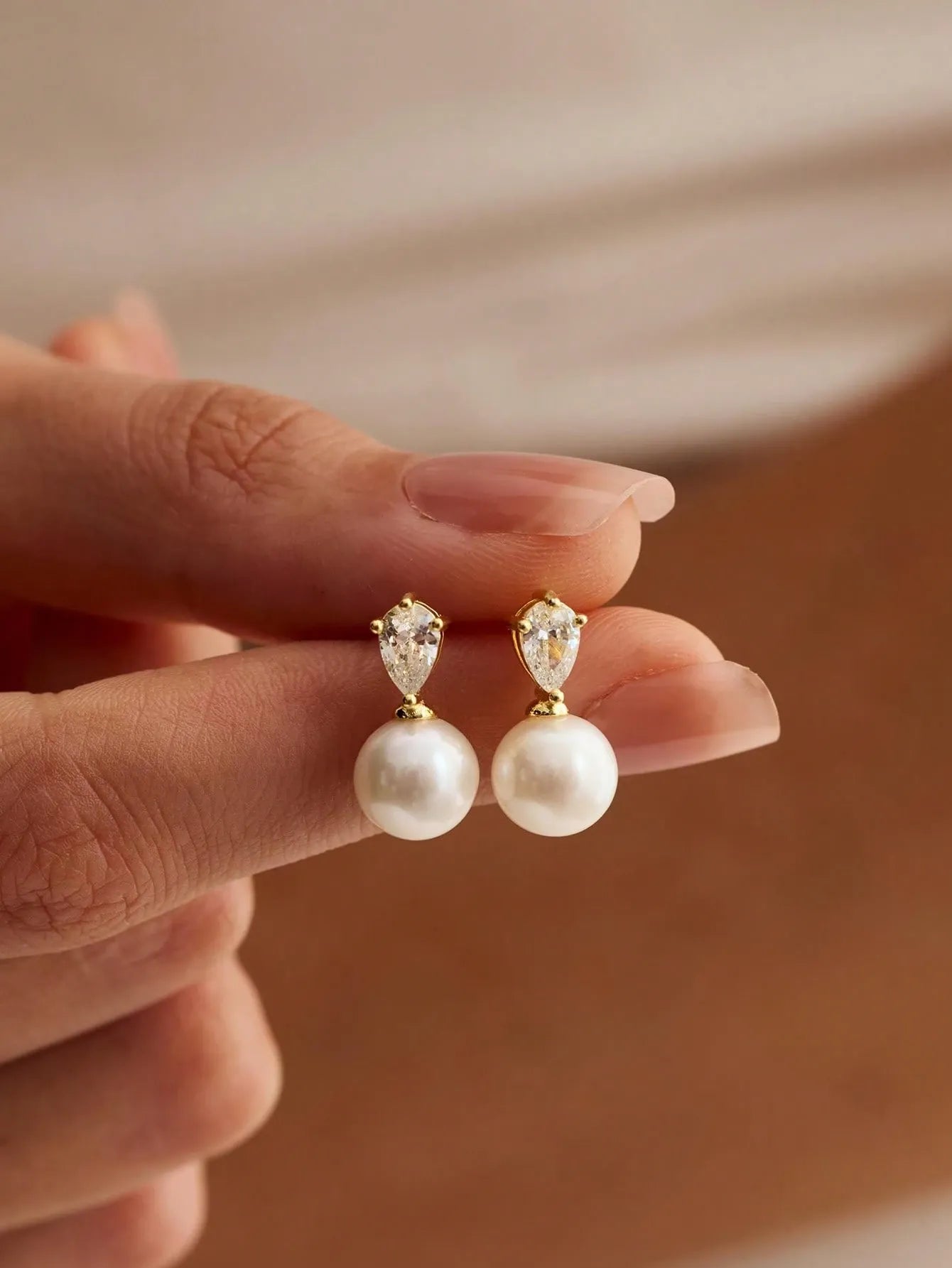 Shein - 14k Gold Plated CZ Pearl Bridal Earrings, Low Allergy Gold Plated Earrings, Elegant Wedding Bride Pearl Jewelry For Women
