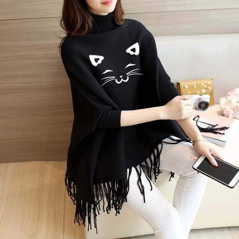 Emerce- Cat Printed Poncho Black - Free Size