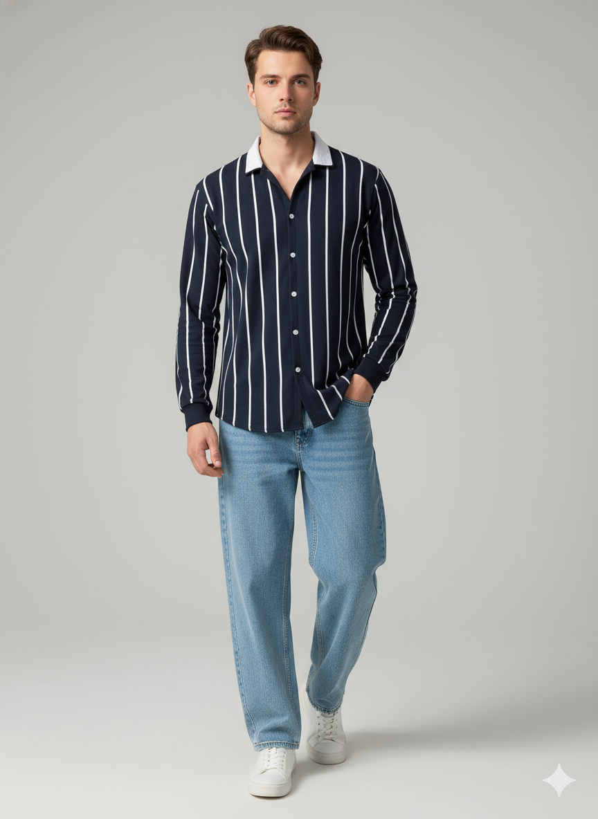 Emerce Striped Button Down - Navy Blue