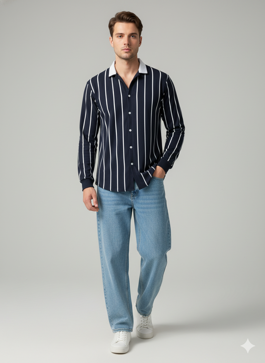 Emerce Striped Button Down - Navy Blue