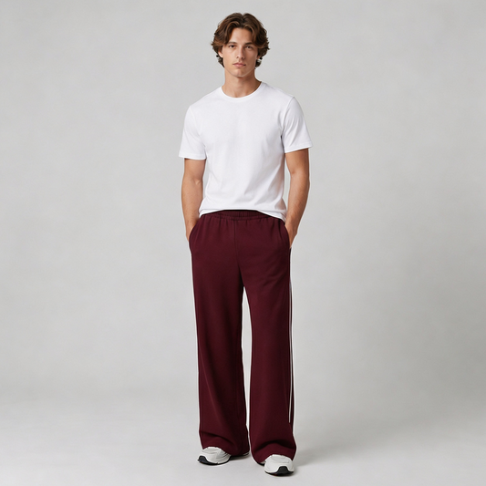 Vybe - Men Wide-leg Plush Trouser With Trim Detail - Maroon