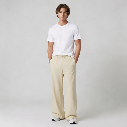 Vybe - Men Wide-leg Plush Trouser With Trim Detail - Oat Milk