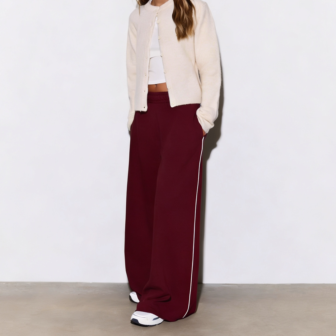 Vybe - Women Wide-leg Plush Trouser With Trim Detail - Maroon