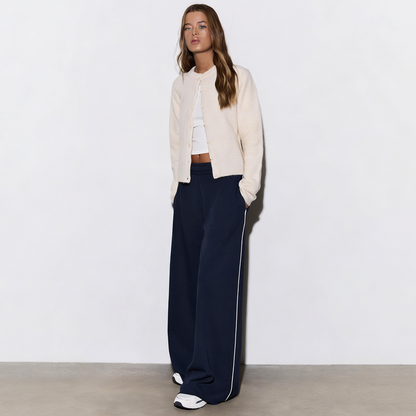 Vybe - Women Wide-leg Plush Trouser With Trim Detail - Navy Blue