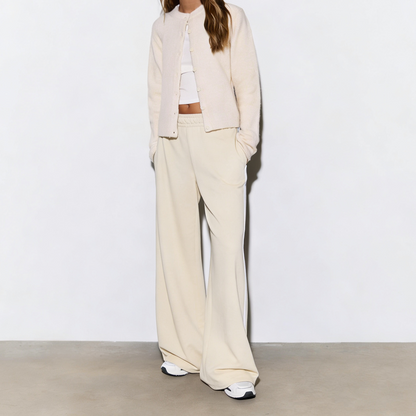 Vybe - Women Wide-leg Plush Trouser With Trim Detail - Oat Milk