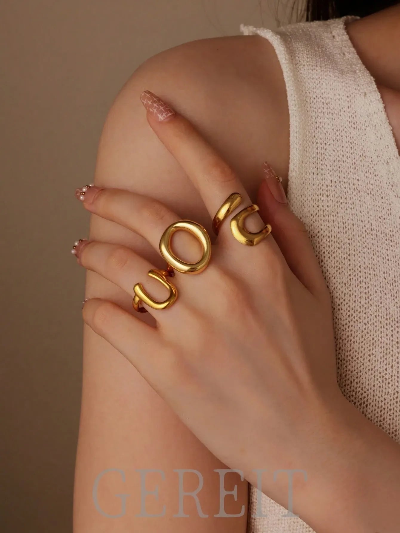 Shein - 3pcs 18K Stainless Steel Smooth Letter Open Ring Set