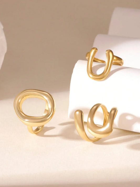 Shein - 3pcs 18K Stainless Steel Smooth Letter Open Ring Set