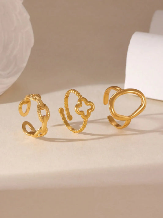 Shein - GEREIT 3pcs 18K Stainless Steel Hollow Floral Round Ring Set