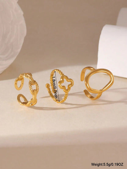 Shein - GEREIT 3pcs 18K Stainless Steel Hollow Floral Round Ring Set