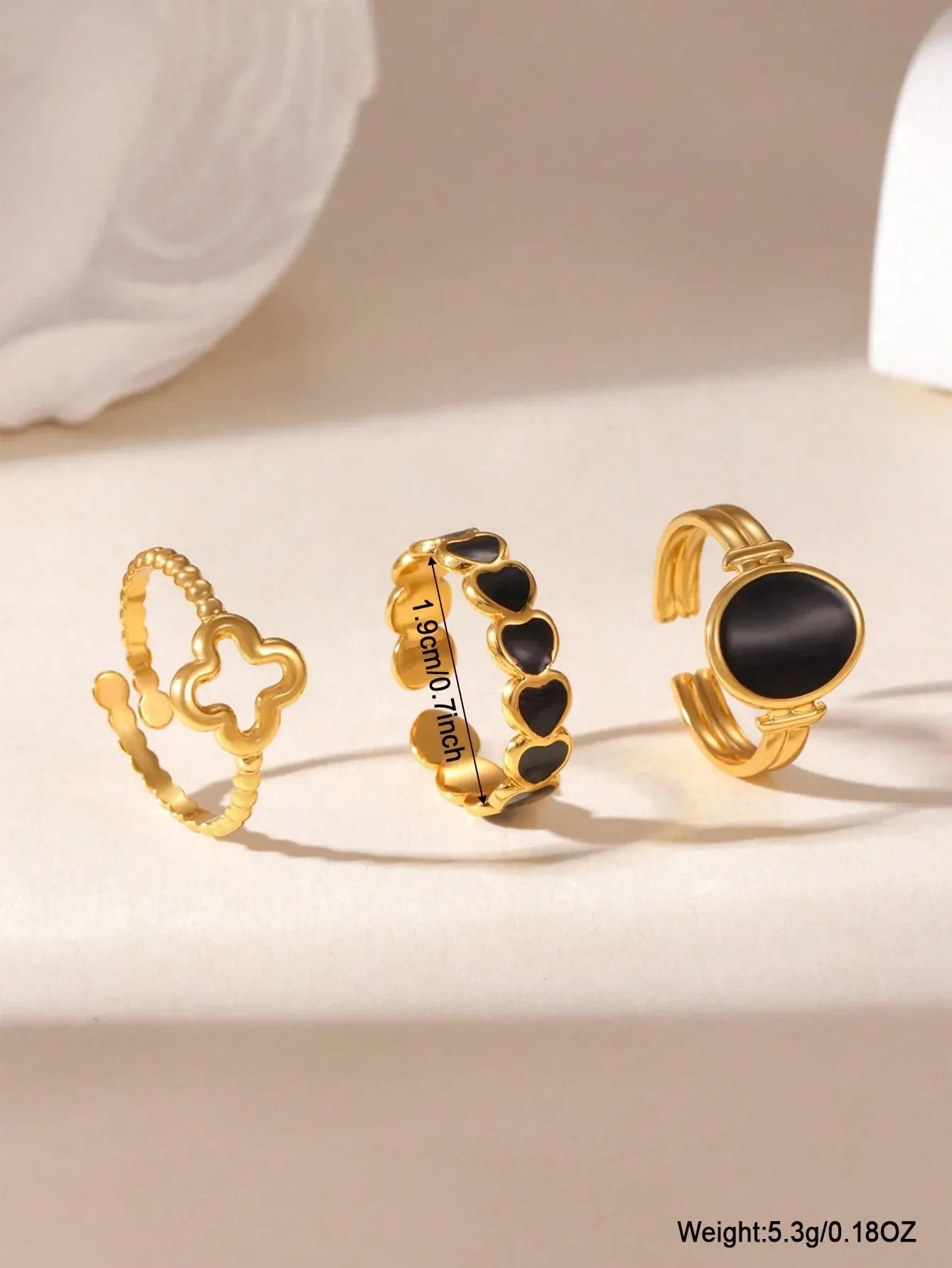 Shein - 3pcs 18K Stainless Steel Black Enamel Oval Heart Open Ring Set
