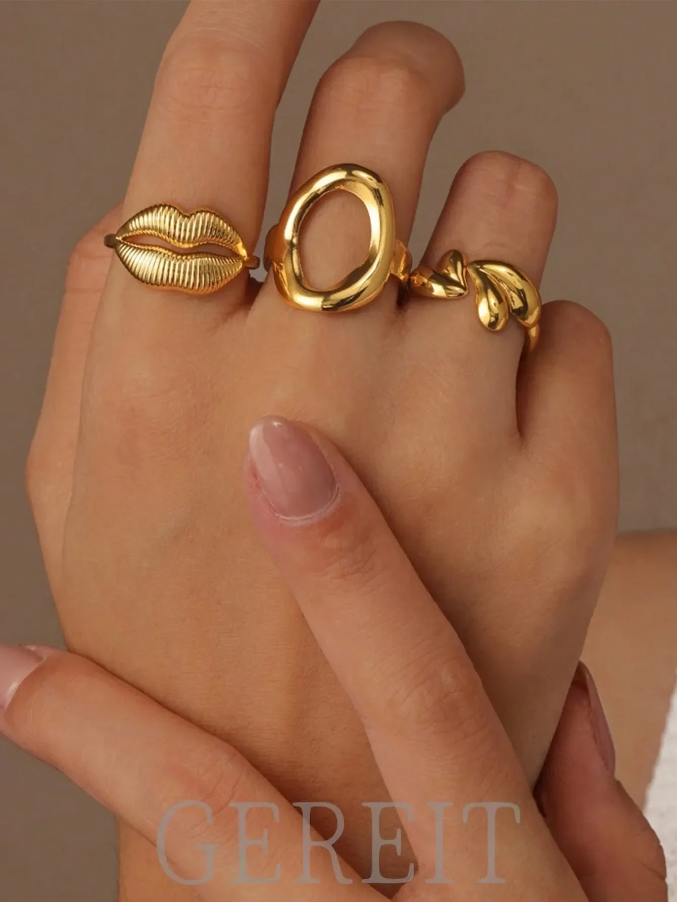 Shein - 3pcs 18K Stainless Steel Heart & Lip Open Ring Set