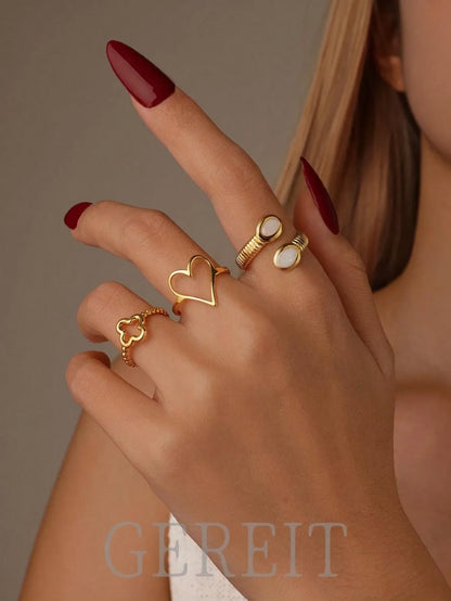 Shein - GEREIT 3pcs 18K Stainless Steel Chain Heart & Clover Bead Open Ring Set