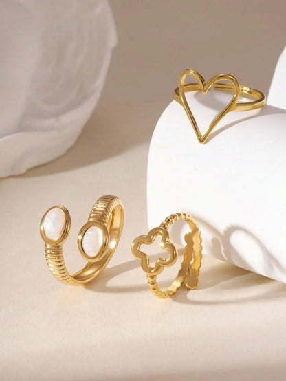 Shein - GEREIT 3pcs 18K Stainless Steel Chain Heart & Clover Bead Open Ring Set