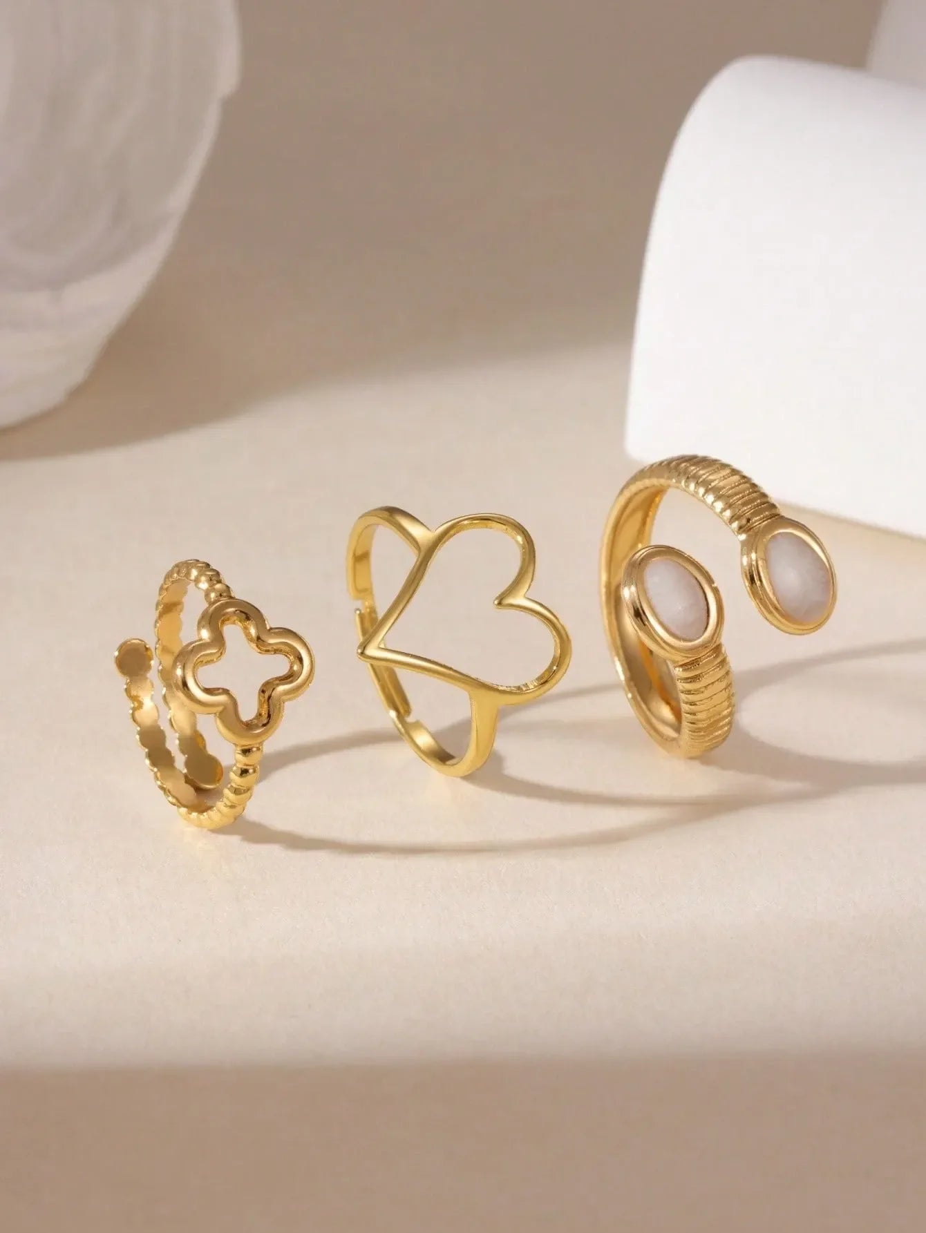 Shein - GEREIT 3pcs 18K Stainless Steel Chain Heart & Clover Bead Open Ring Set