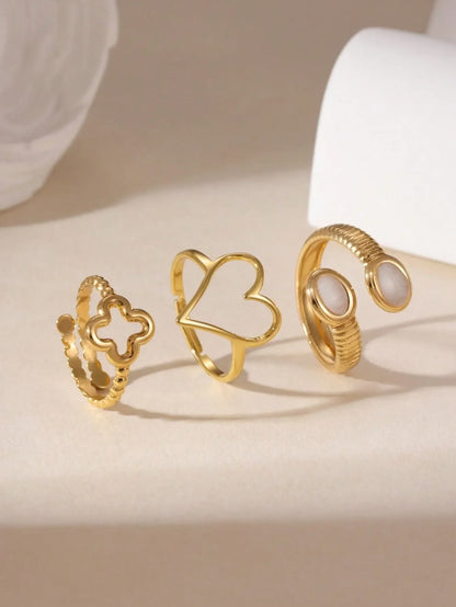 Shein - GEREIT 3pcs 18K Stainless Steel Chain Heart & Clover Bead Open Ring Set