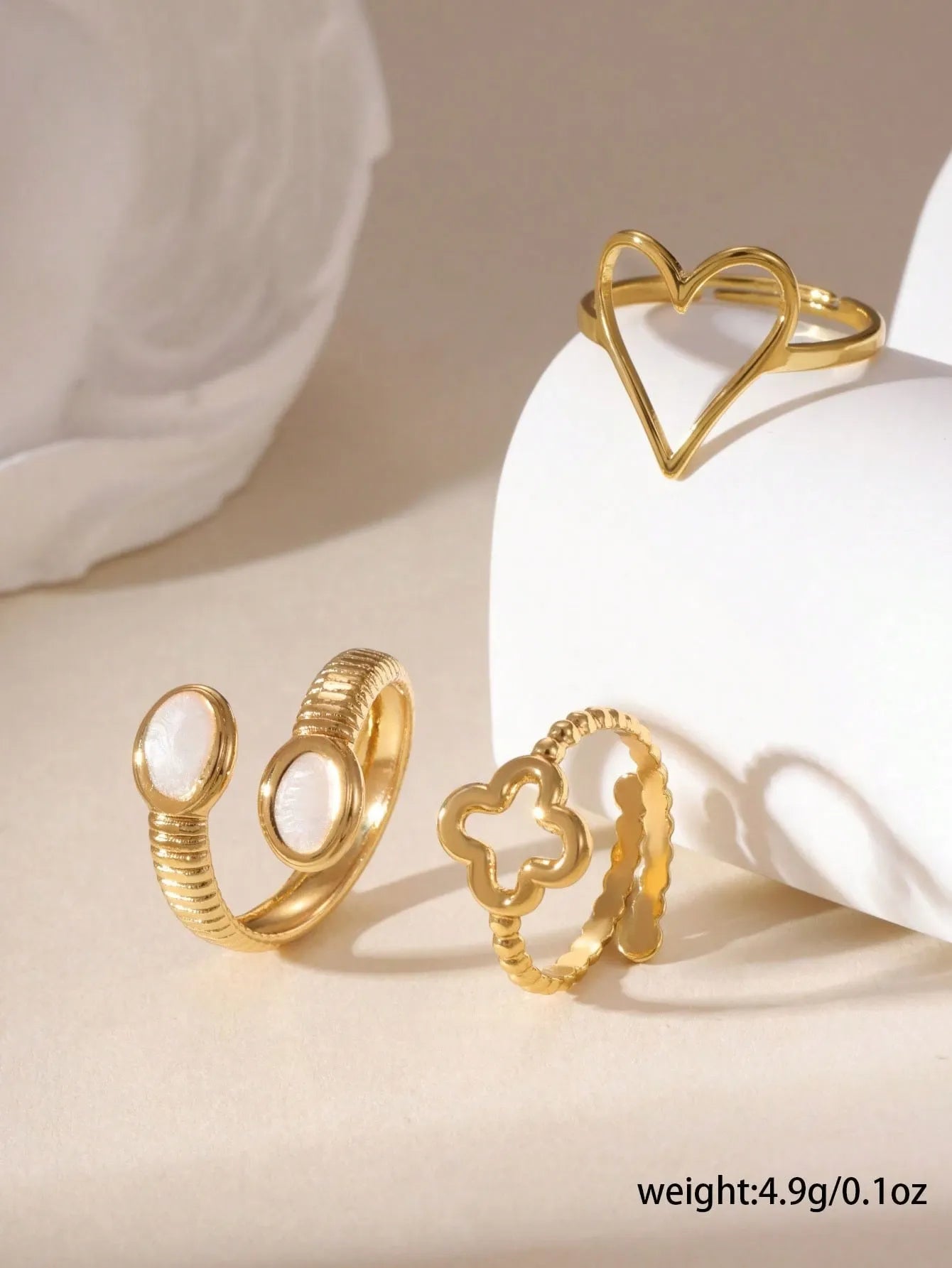 Shein - GEREIT 3pcs 18K Stainless Steel Chain Heart & Clover Bead Open Ring Set