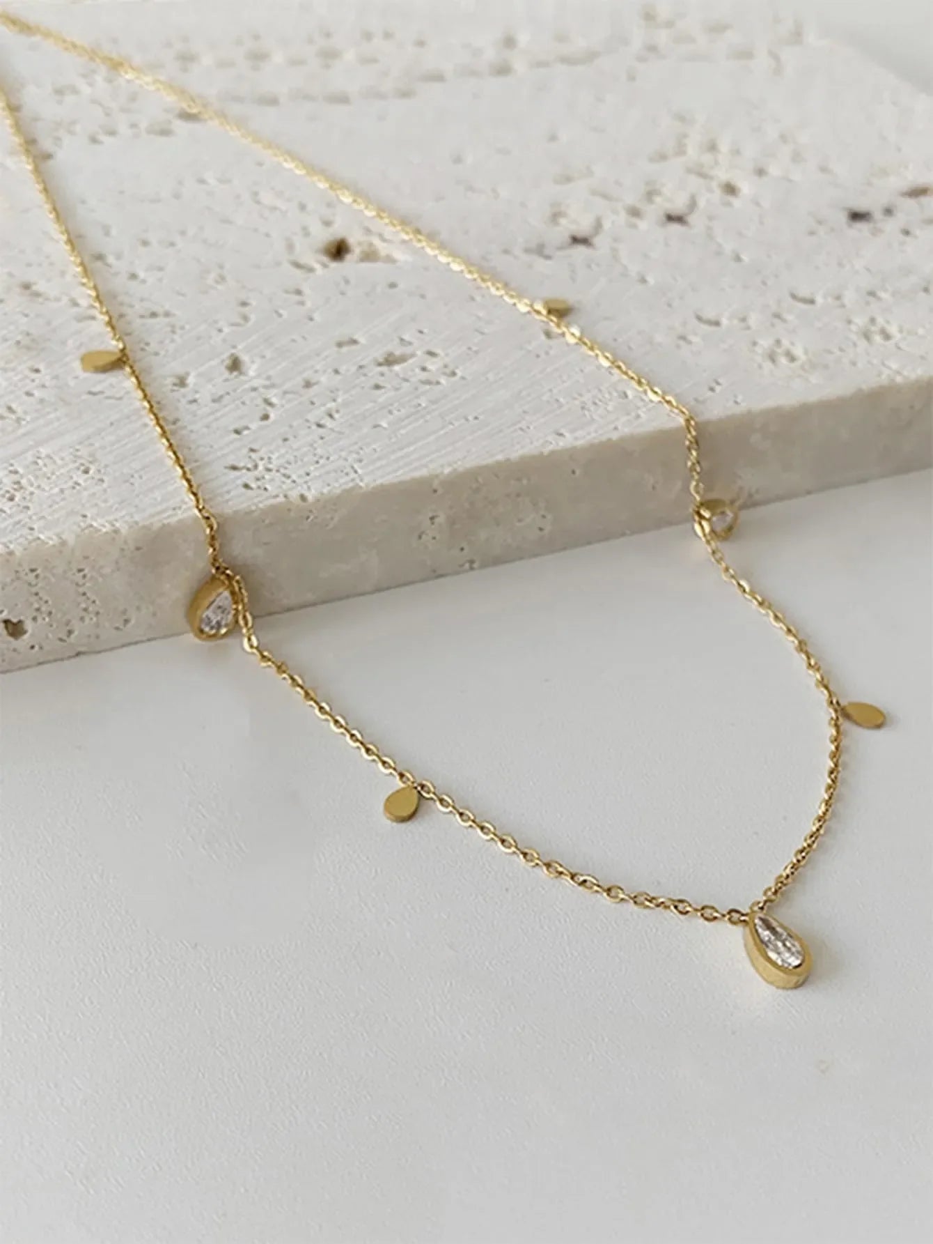 Shein - Nooxian Cubic Zirconia Water-Drop Charm Necklace - Gold
