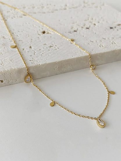 Shein - Nooxian Cubic Zirconia Water-Drop Charm Necklace - Gold
