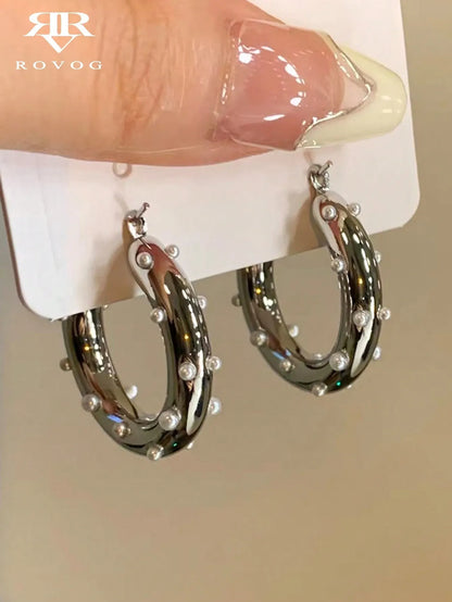 Shein - 1pair Metallic Geometric Circle Fashionable Party Faux Pearl Unique Elegant Simple Women Hoop Earrings - Silver