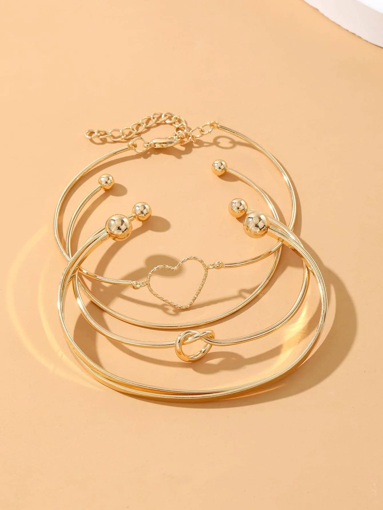 Shein - 4pcs/set Fashionable Zinc Alloy Heart & Knot Decor Bangle For Women For Daily - Golden Decoration