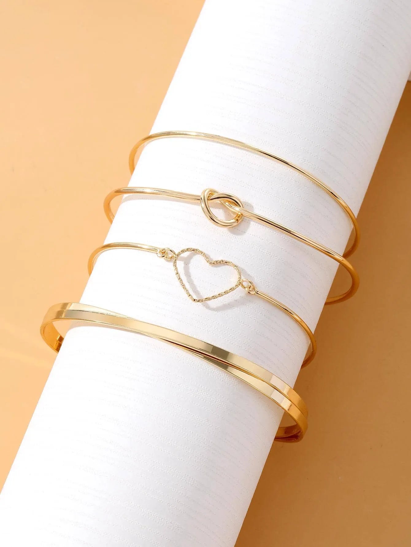 Shein - 4pcs/set Fashionable Zinc Alloy Heart & Knot Decor Bangle For Women For Daily - Golden Decoration