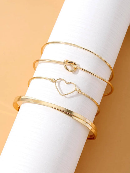 Shein - 4pcs/set Fashionable Zinc Alloy Heart & Knot Decor Bangle For Women For Daily - Golden Decoration