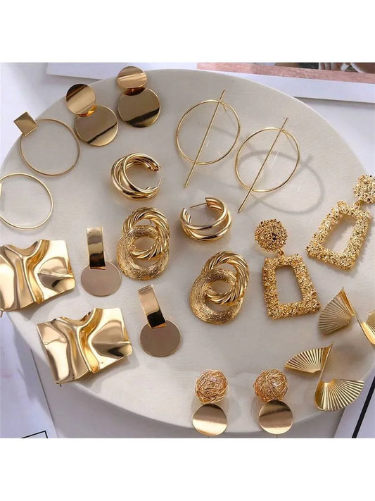 Shein - 5 Pairs Metallic Geometric Earring Set, Suitable For Women Everyday, Holiday, Party Wear (Assorted Styles)