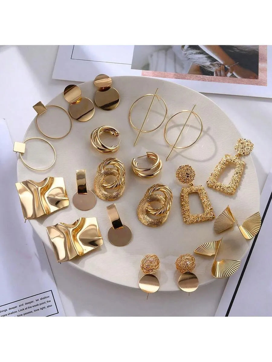 Shein - 5 Pairs Metallic Geometric Earring Set, Suitable For Women Everyday, Holiday, Party Wear (Assorted Styles)