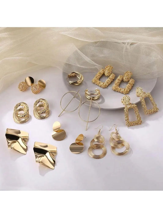 Shein - 5 Pairs Metallic Geometric Earring Set, Suitable For Women Everyday, Holiday, Party Wear (Assorted Styles)
