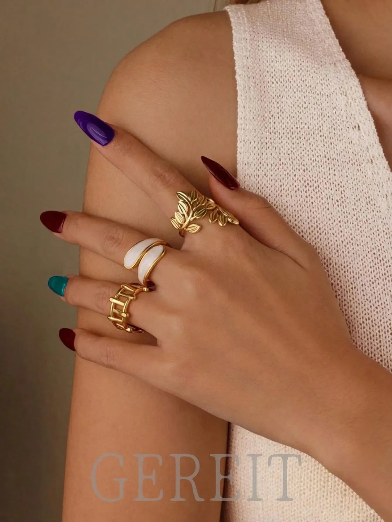 Shein - GEREIT 3pcs 18K Stainless Steel Leaf Design Ring Set