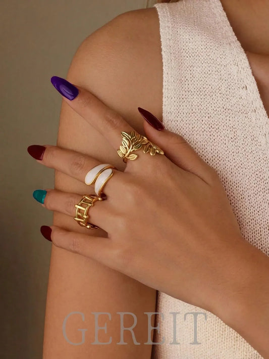 Shein - GEREIT 3pcs 18K Stainless Steel Leaf Design Ring Set