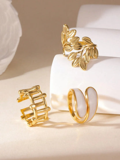 Shein - GEREIT 3pcs 18K Stainless Steel Leaf Design Ring Set