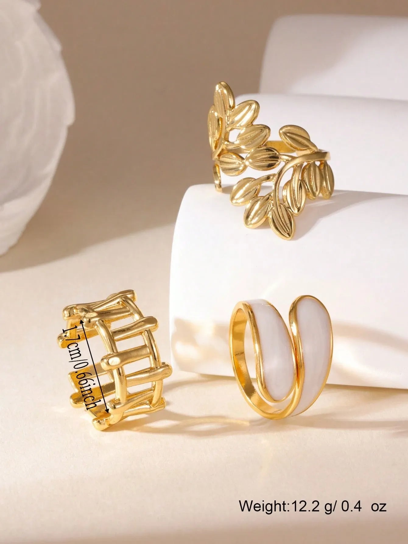 Shein - GEREIT 3pcs 18K Stainless Steel Leaf Design Ring Set