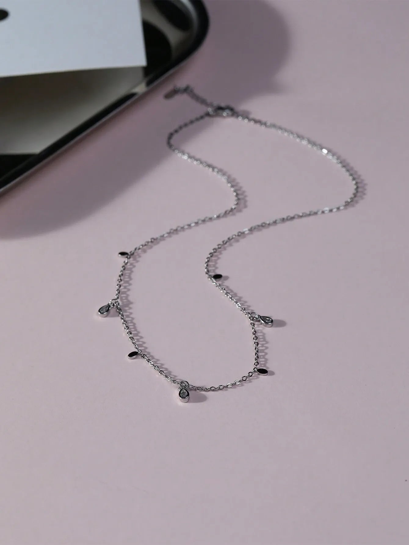 Shein - Nooxian Cubic Zirconia Water-Drop Charm Necklace - Silver