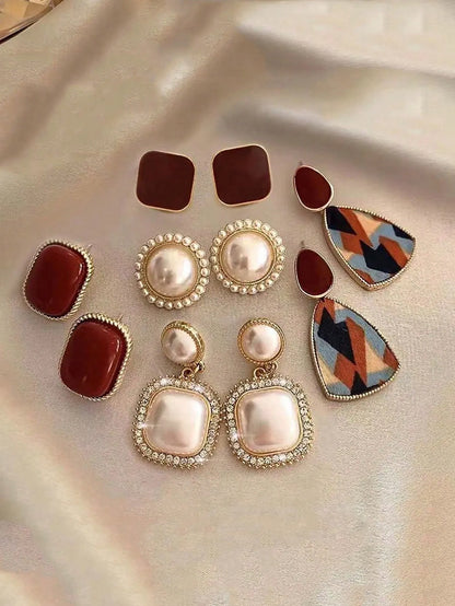Shein - 5pcs/Set Minimalist Vintage Geometric Rhinestone Earrings Set