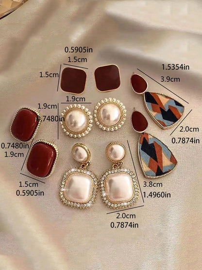 Shein - 5pcs/Set Minimalist Vintage Geometric Rhinestone Earrings Set