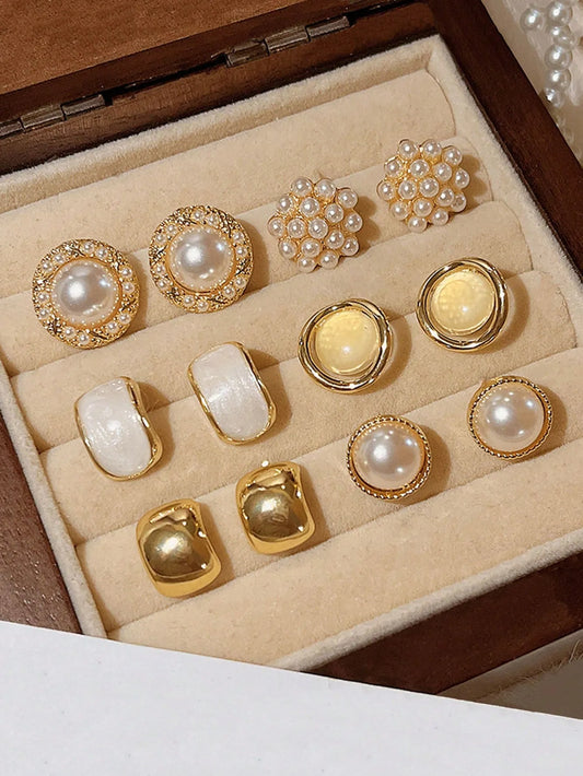 Shein - 6pcs Set Retro Smooth Surface Hong Kong Style Round Pearl Charm Cat Eye Earrings And Stud Earrings