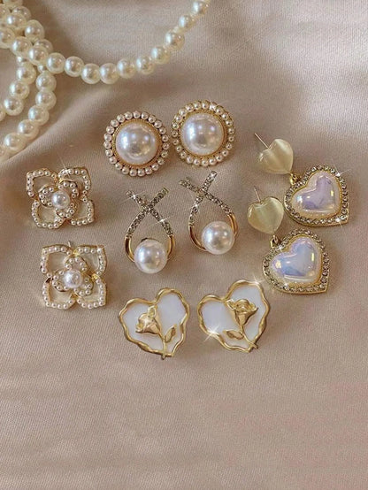 Shein - 5pcs/Set Rhinestone & Faux Pearl Heart Flower Crisscross Minimalist Luxury Elegant Earrings Set For Women Valentines